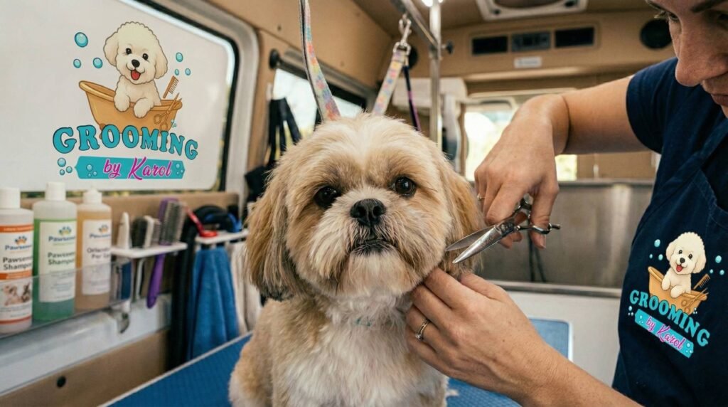 Karol, la peluquera canina móvil de Orlando, sonriendo mientras cepilla a un perro feliz dentro de su van totalmente equipada