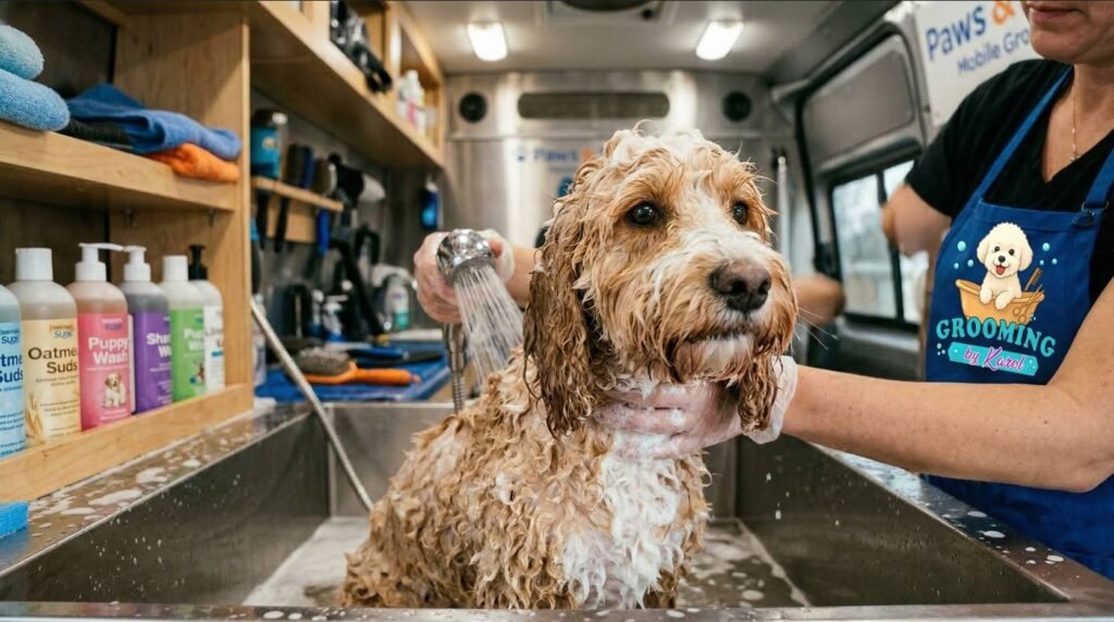 Mobile dog grooming van in Orlando offering professional cage-free pet spa services at home