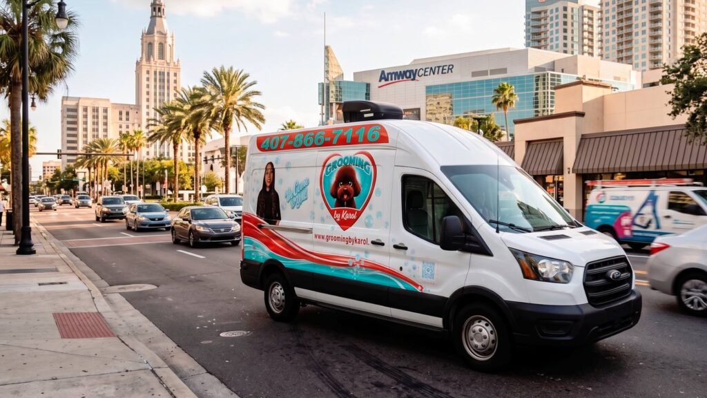 Grooming by Karol mobile dog grooming van driving through Orlando